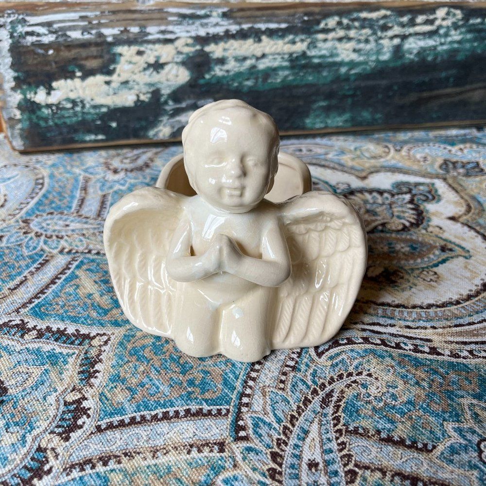 Cherub Baby Angel Planter Trinket Dish Cream Ceramic Cachepot